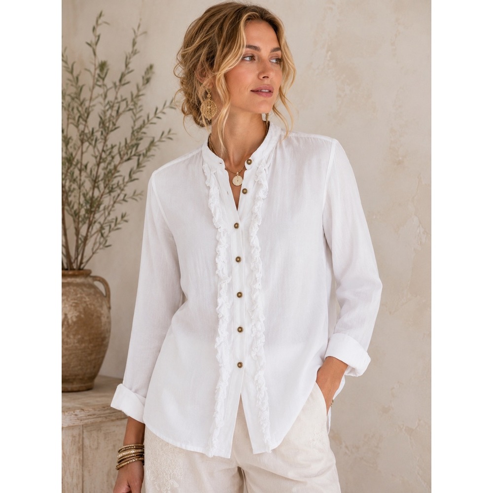 Pilcro and the Letterpress White Linen Blend Ruffle Button Down Blouse Small